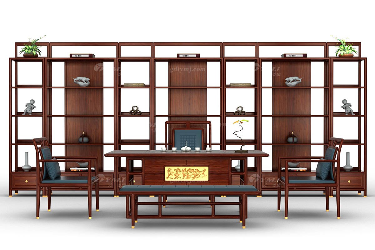 新中式辦公家具風(fēng)格高端品牌家具簡約時尚大氣實(shí)木安哥拉紫檀博古架馬到成功博古架組合場景